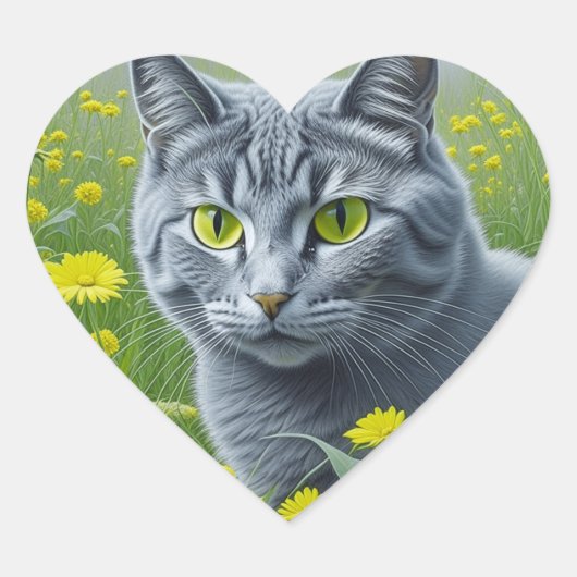 Schattigee Grijze Kat met Gele Ogen Ai Art Hart Sticker (Voorkant)