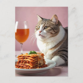 Schattigee Grijze Kat met Lasagne en Wijnglas Briefkaart