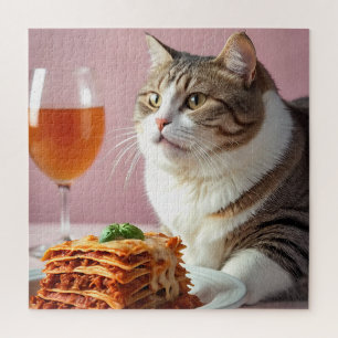 Schattigee Grijze Kat met Lasagne en Wijnglas Legpuzzel