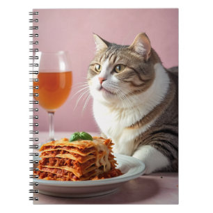 Schattigee Grijze Kat met Lasagne en Wijnglas Notitieboek