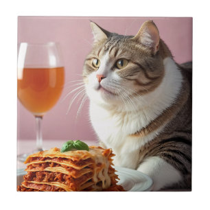 Schattigee Grijze Kat met Lasagne en Wijnglas Tegeltje
