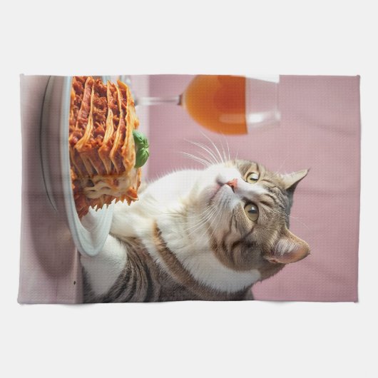 Schattigee Grijze Kat met Lasagne en Wijnglas Theedoek (Horizontaal)