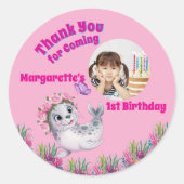 Schattigee grillige bloemen Zee Lion Girly Foto Ronde Sticker (Voorkant)