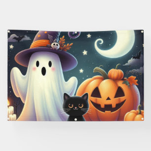 Schattigee, grillige Halloween pompoen, kat en gee Spandoek
