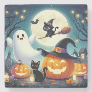 Schattigee, grillige Halloween pompoen, kat en gee Stenen Onderzetter