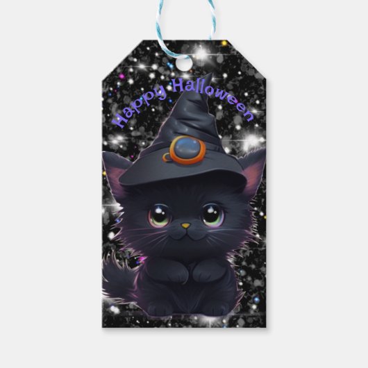 Schattigee grillige Halloween zwarte kat Cadeaulabel (Voorkant)
