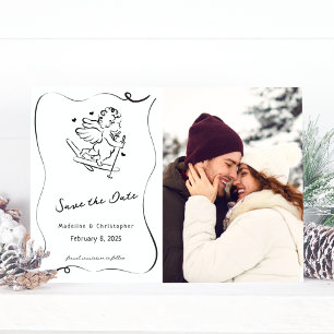 Schattigee grillige hand getrokken cupido ski wint save the date
