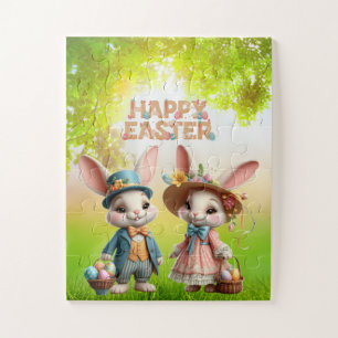 Schattigee, grillige Happy Easter met 2 konijnen Legpuzzel