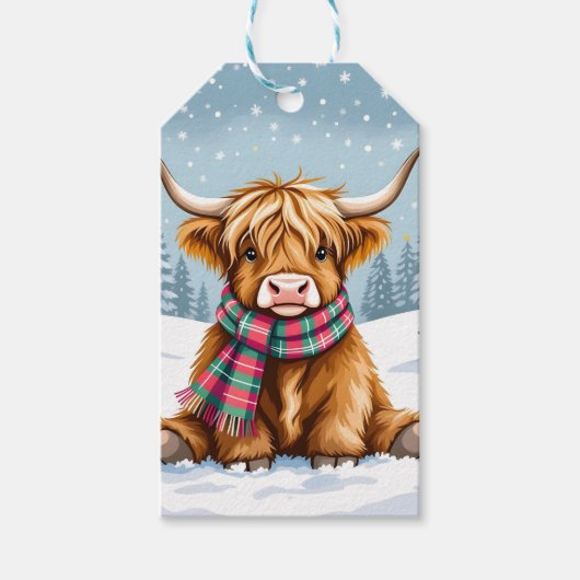 Schattigee grillige Highland Koe kerst Cadeaulabel (Voorkant)