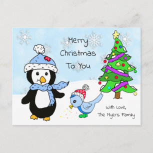 Schattigee grillige kerstpinguïn en -vogel briefkaart
