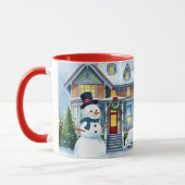 Schattigee grillige sneeuwman in de voortuin kerst mok (Links)