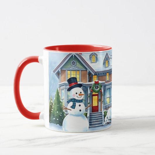 Schattigee grillige sneeuwman in de voortuin kerst mok (Links)