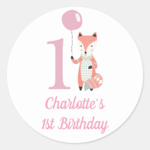 Schattigee grillige vos & ballon roze 1e verjaarda ronde sticker