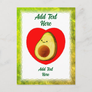 Schattigee groene avocado Cartoon in rode hart Briefkaart