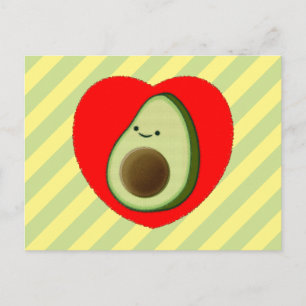 Schattigee groene avocado Cartoon in rood hart Briefkaart