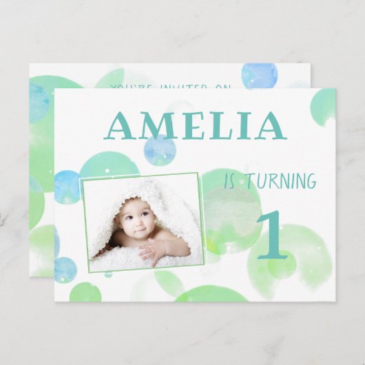 Schattigee Groene Blauwe Bubbels 1e Verjaardag Par Uitnodiging Briefkaart (Voorkant / Achterkant)