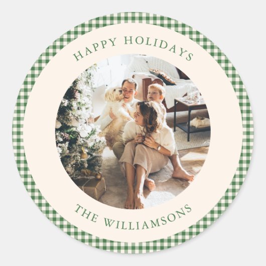Schattigee Groene Gingham Plaid Aangepaste Foto Gr Ronde Sticker (Voorkant)