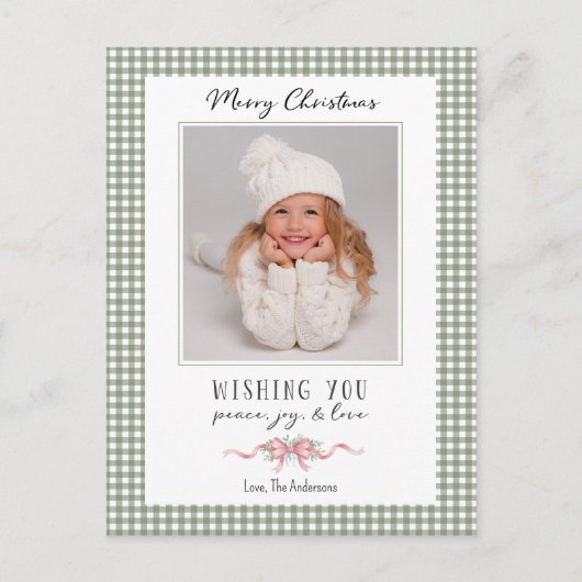 Schattigee Groene Gingham Plaid Preppy Foto Feestdagenkaart (Voorkant)