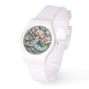 Schattigee groene kikker lelie pads roze water lel horloge