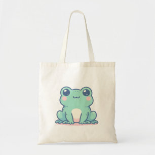 Schattigee groene kikker met blos en grote ogen tote bag