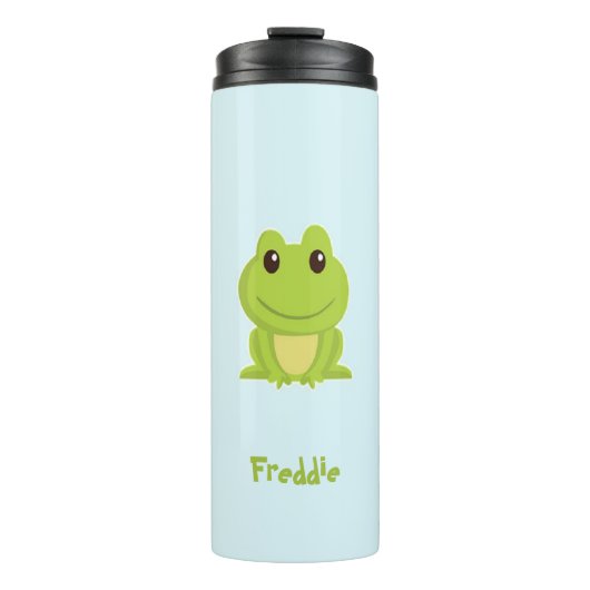 Schattigee groene kikker op blauw thermosbeker (Voorkant)