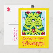 Schattigee Groene Kikkerkat met Bloemenlente Zegen Briefkaart (Voorkant / Achterkant)