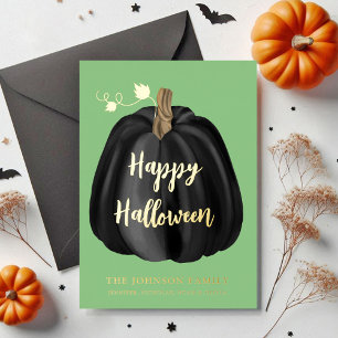 Schattigee groene pompoen Happy Halloween Gold Folie Feestdagenkaart