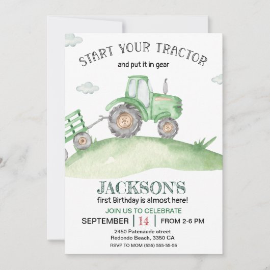 Schattigee Groene Tractor 1e verjaardag waterverf Kaart (Voorkant)