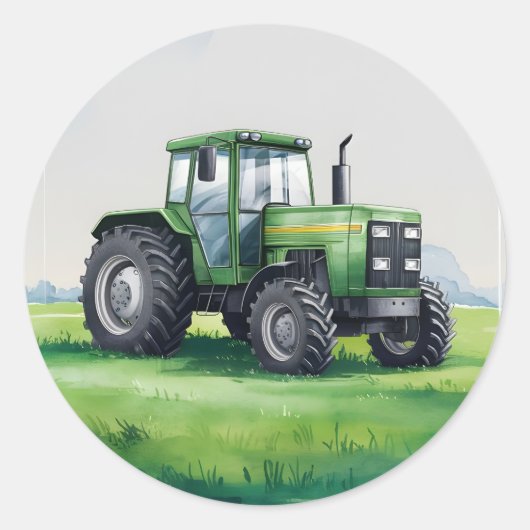 Schattigee Groene Tractor Boerderij Waterverf Ronde Sticker (Voorkant)