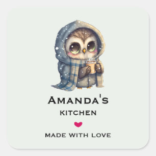 Schattigee grootogige uil met een koffiekeuken vierkante sticker
