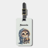 Schattigee grootogige uil met een kop koffie bagagelabel (Voorkant verticaal)
