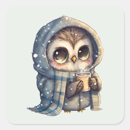 Schattigee grootogige uil met een kop koffie vierkante sticker (Voorkant)