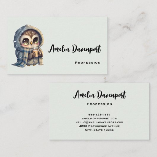 Schattigee grootogige uil met een kop koffie visitekaartje (Voorkant / Achterkant)