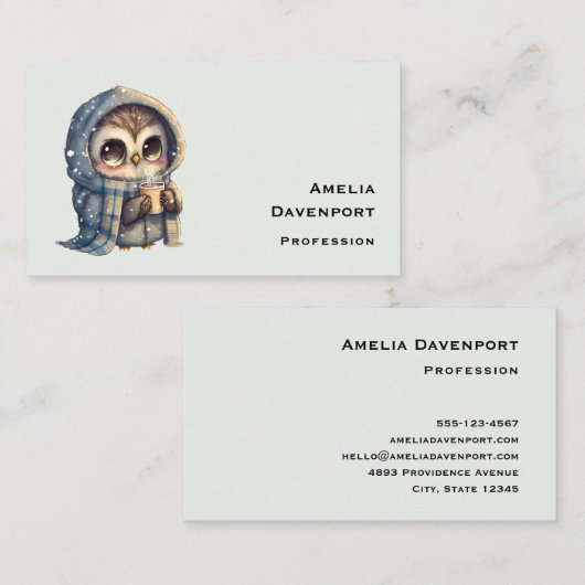 Schattigee grootogige uil met een kop koffie visitekaartje (Voorkant / Achterkant)