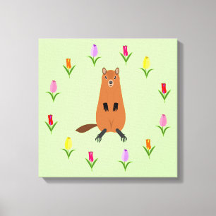 Schattigee Groundhog en Tulip Flowers Canvas Afdruk