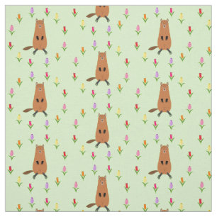 Schattigee Groundhog en Tulip Flowers Patterned Stof