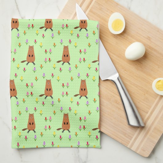 Schattigee Groundhog en Tulip Flowers Patterned Theedoek (Quarter Fold)