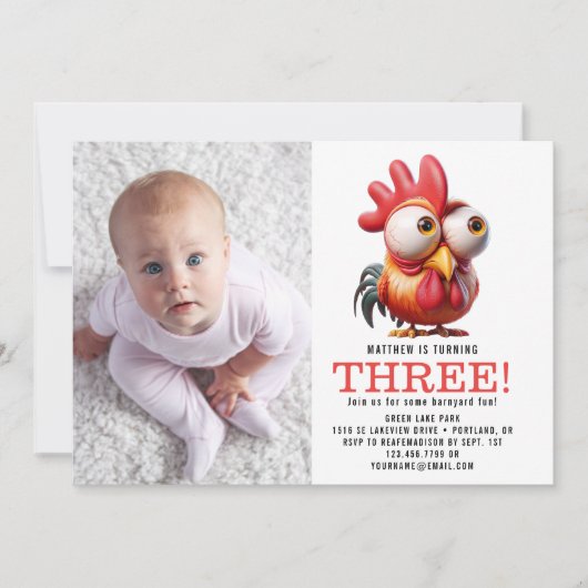 Schattigee Haan Karikaturen 3e Verjaardagsfeest Kaart (Voorkant)