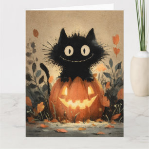 Schattigee Halloween Black Cat op een Jack-o'-Lant Kaart