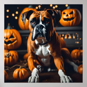 Schattigee Halloween Bokser Dog w Pumpkins op okt  Poster