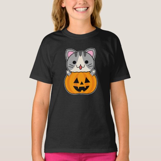 Schattigee Halloween Cat in Jack o Lantern T-shirt (Voorkant)