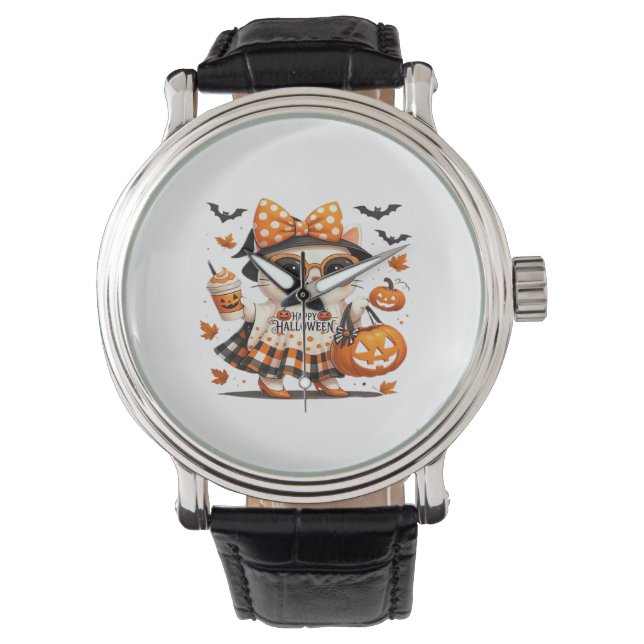 Schattigee Halloween Cat – Kawaii Witch Kat met Pu Horloge (Voorkant)