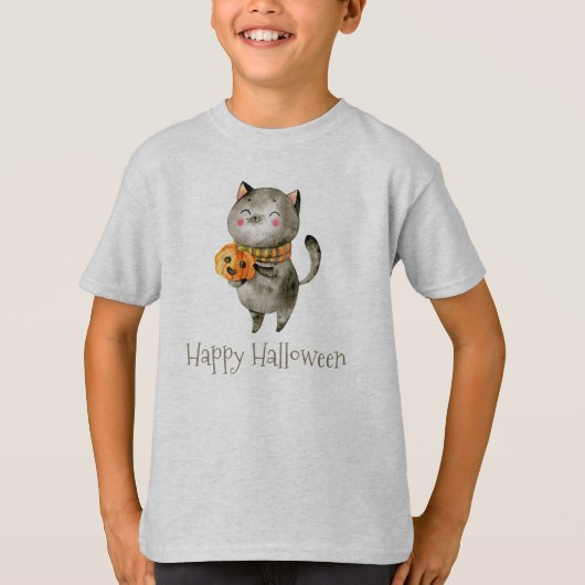 Schattigee Halloween Cat met Pumpkin Sleeve Shirt (Voorkant)