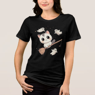 Schattigee Halloween Cat Vliegen op Broom T-Shirt