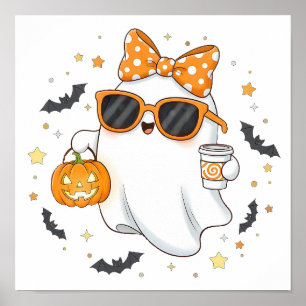 Schattigee Halloween-geest met pompoen Poster