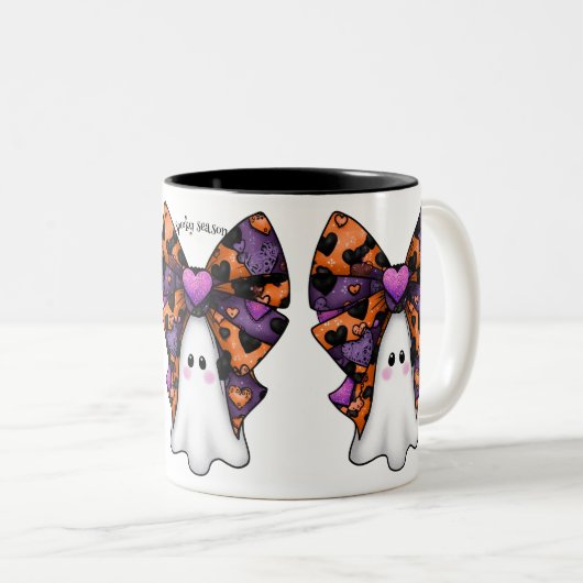 Schattigee Halloween Ghost met Big Bow Tweekleurige Koffiemok (Voorkant rechts)