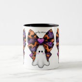 Schattigee Halloween Ghost met Big Bow Tweekleurige Koffiemok (Center)