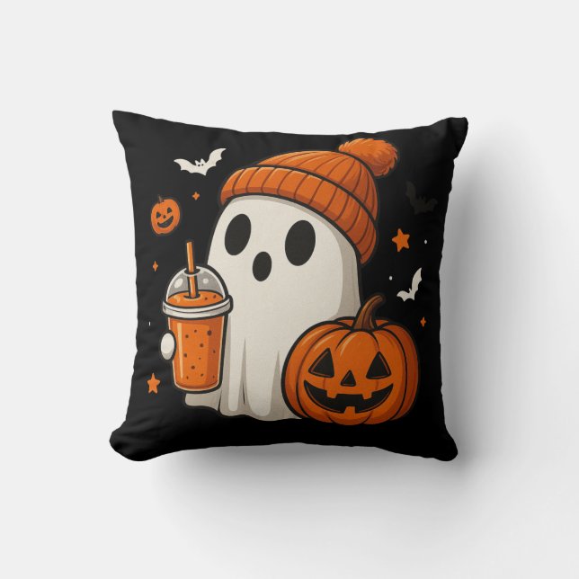 Schattigee Halloween Ghost met pompoen en Drink Kussen (Voorkant)