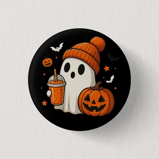 Schattigee Halloween Ghost met pompoen en Drink Ronde Button 3,2 Cm (Voorkant)