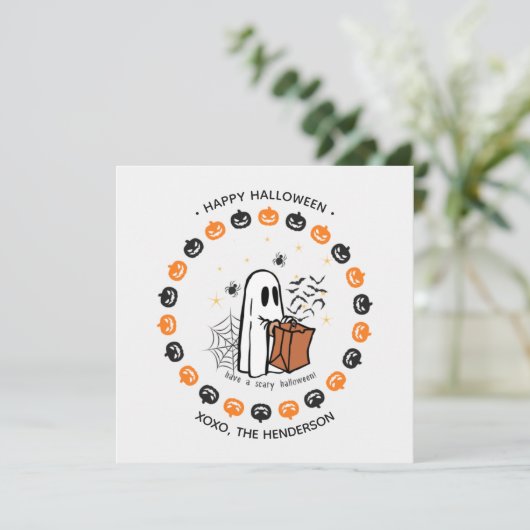 Schattigee Halloween Ghost Round Sticker Trick or Kaart (Staand voorkant)